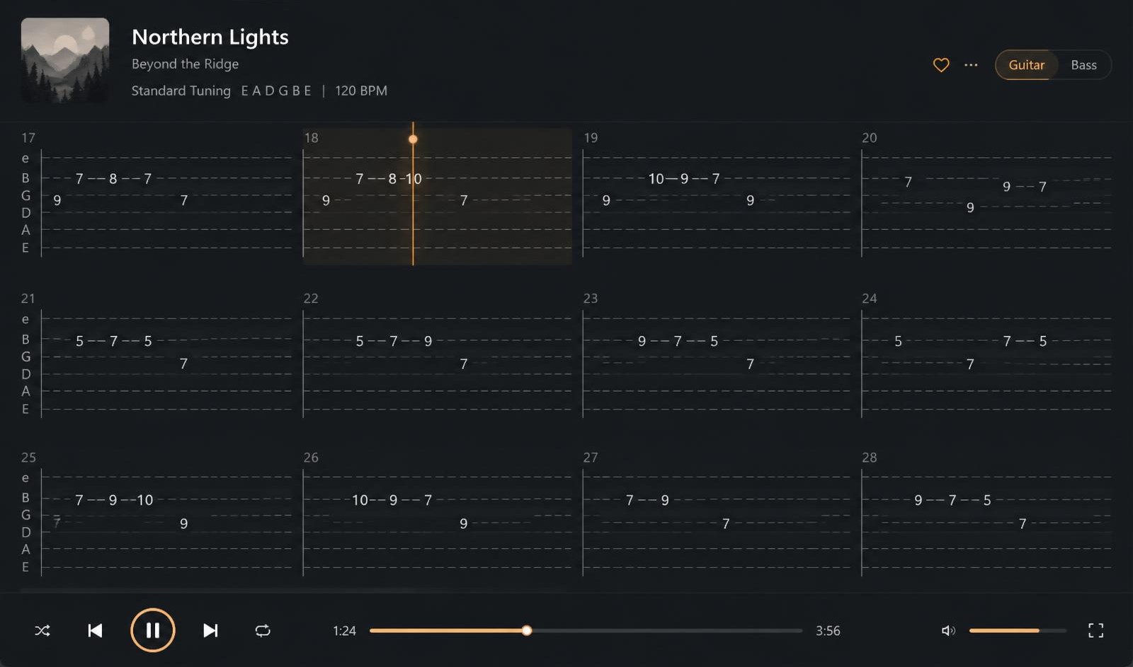 Fretlane playing a guitar tab in sync with a song